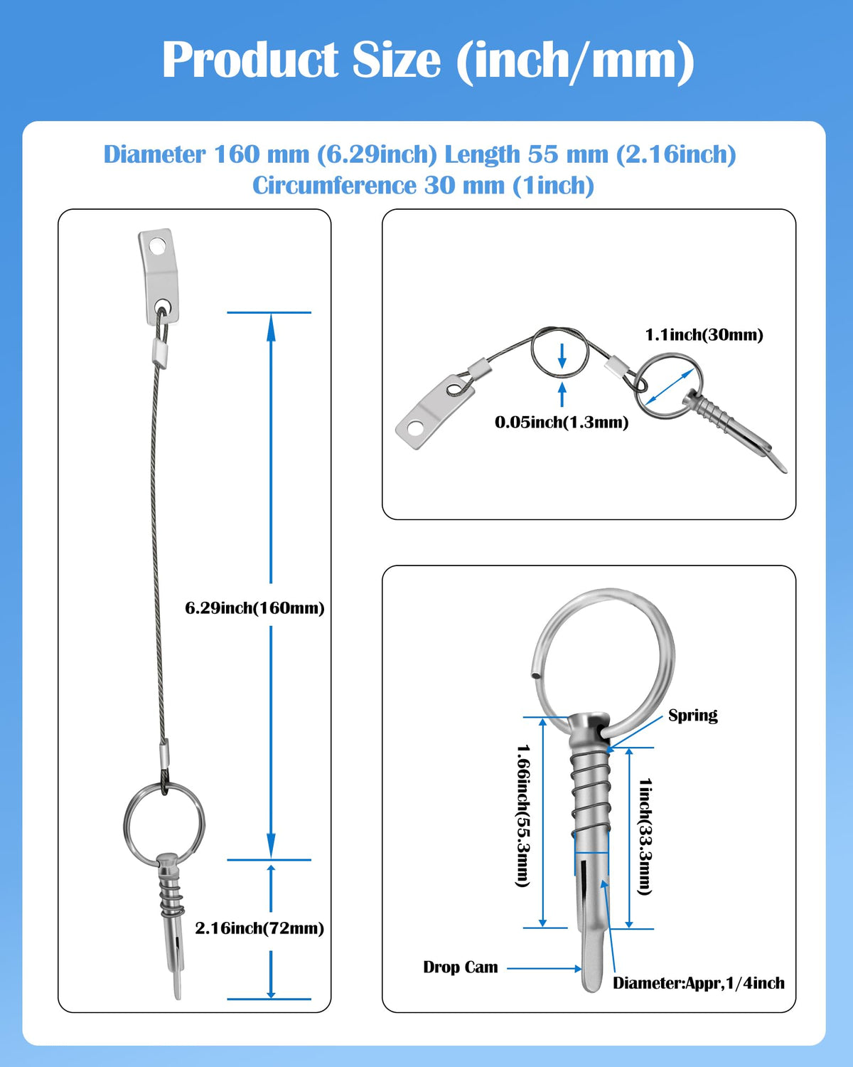 Nerites 1/4" Diameter Bimini Top Quick Release Pins 316 Stainless Steel Pin and Ring Easy to Fix and Remove Bimini Pins, Marine Hardware for Boats, Yachts, Speedboats, Motorboats, Ships (4 Pack)