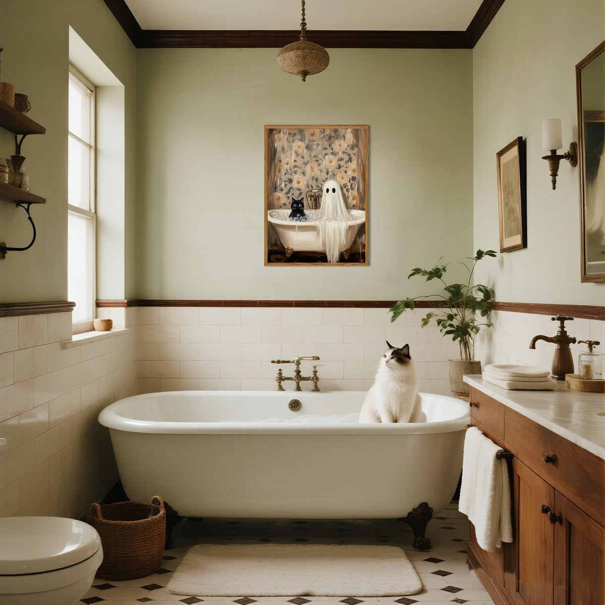 Framed Halloween Ghost Bathroom Canvas Wall Art, Funny Cute Ghost and Black Cat in Bathtub Pictures Wall Decor, Gothic Dark Academia Paintings Prints Spooky Home Decor for Restroom 12x16 inch
