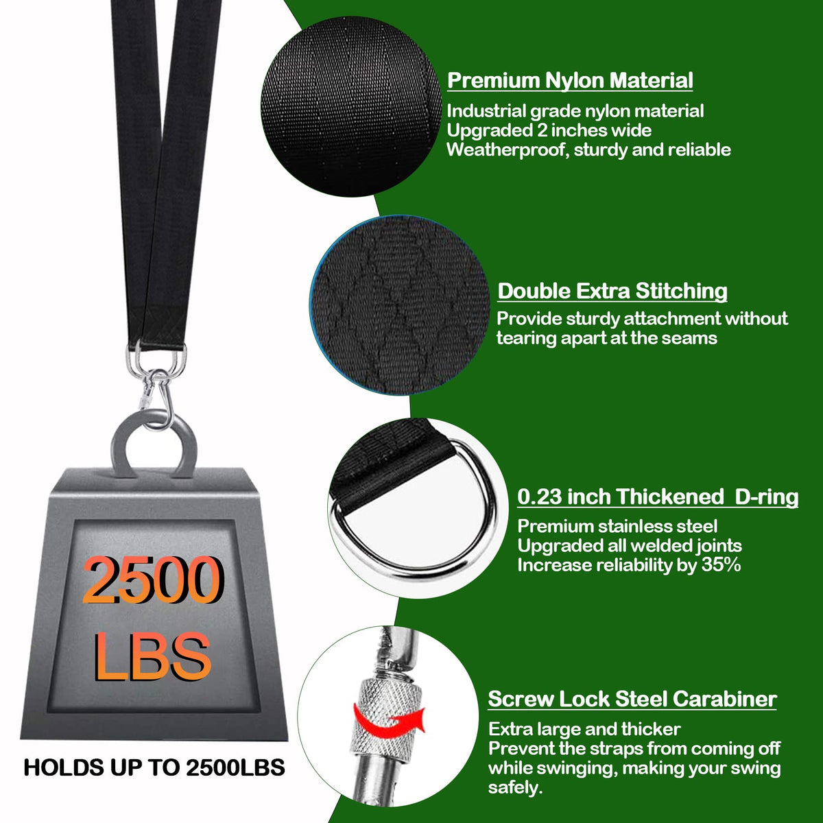Werfeito Tree Swing Straps Hanging Kit (Set of 2), 3FT/8FT/10FT/20FT/30FT Tree Swing Straps Holds 2500 lbs with Tree Protector, Safety Lock Carabiner and Swivel Perfect for Swings & Hammocks(3 FT)