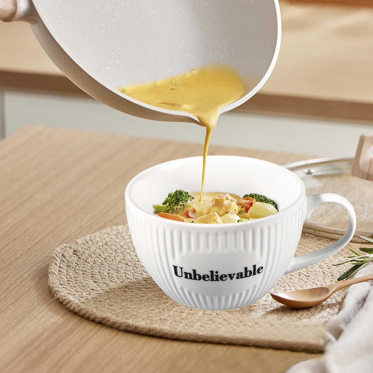 Unbelievable 28 oz Soup Mug, Striped Porcelain Meal Prep Lunchbox with Lid, Funny White Ceramic Sup Bowl with Handle and Cover for Meals or Drinks at Office, Dorm or Home Kitchen, Halloween Fall White