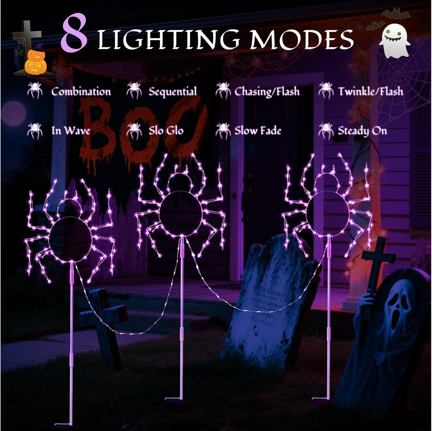 Outdoor Halloween Decorations Lights, 3PACK Hopolon Halloween Spider Pathway Lights 229LED Plug-in Purple Garden Light Walkway with 8Modes Timer Waterproof for Holiday Home Garden Yard Party Decor
