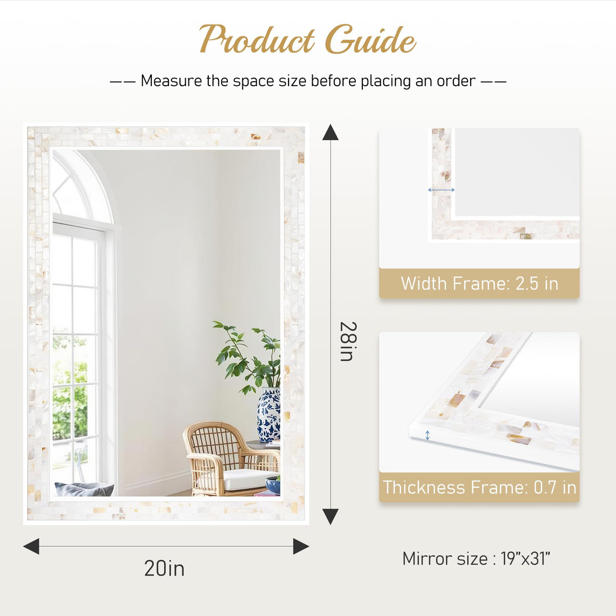 White Framed Bathroom Mirrors for Wall, 20x28 Inch Mother of Pearl Inlay Mirrors with Tempered Glass for Bathroom Bedroom or Living Room (Horizontal/Vertical Hanging)