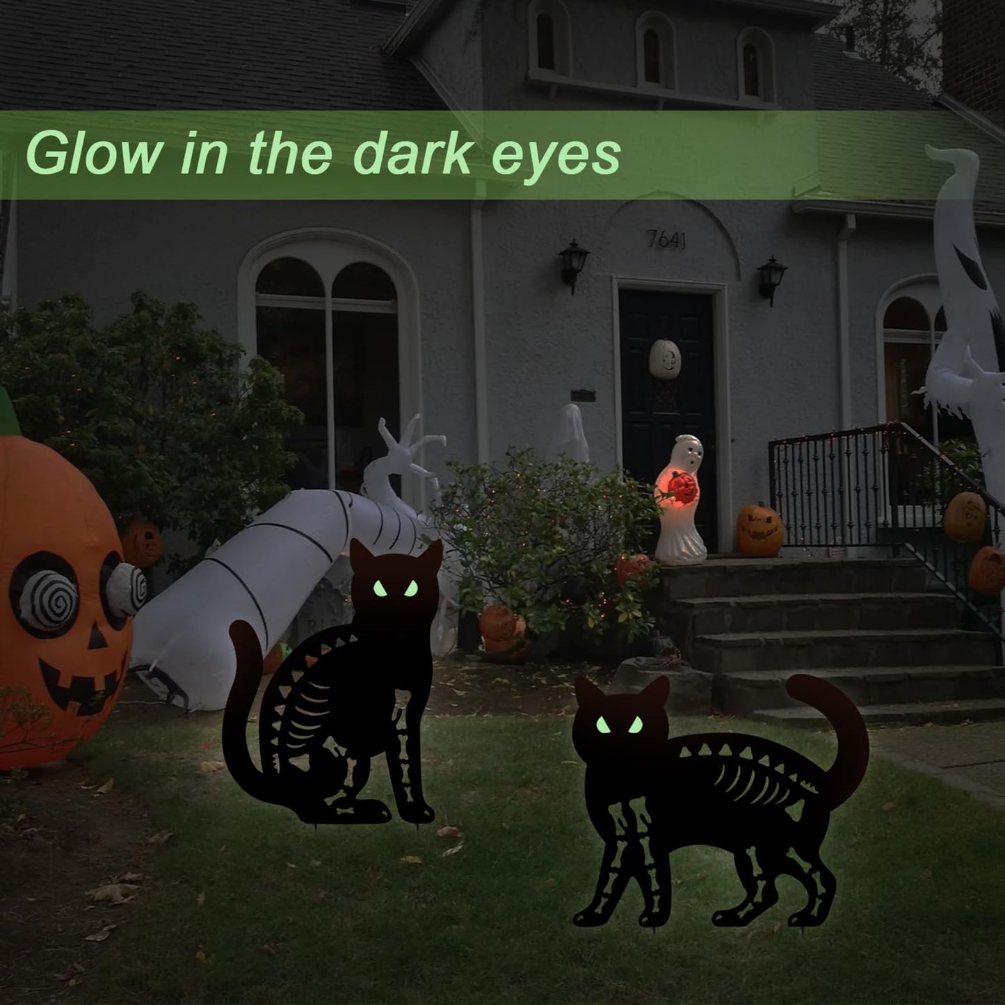 Hokfirm Halloween Black Cat Garden Stake Decor - 2 Pack Scary Cat Silhouette Metal Yard Signs with Glow-in-The-Dark Eyes for Outdoor Halloween Decorations