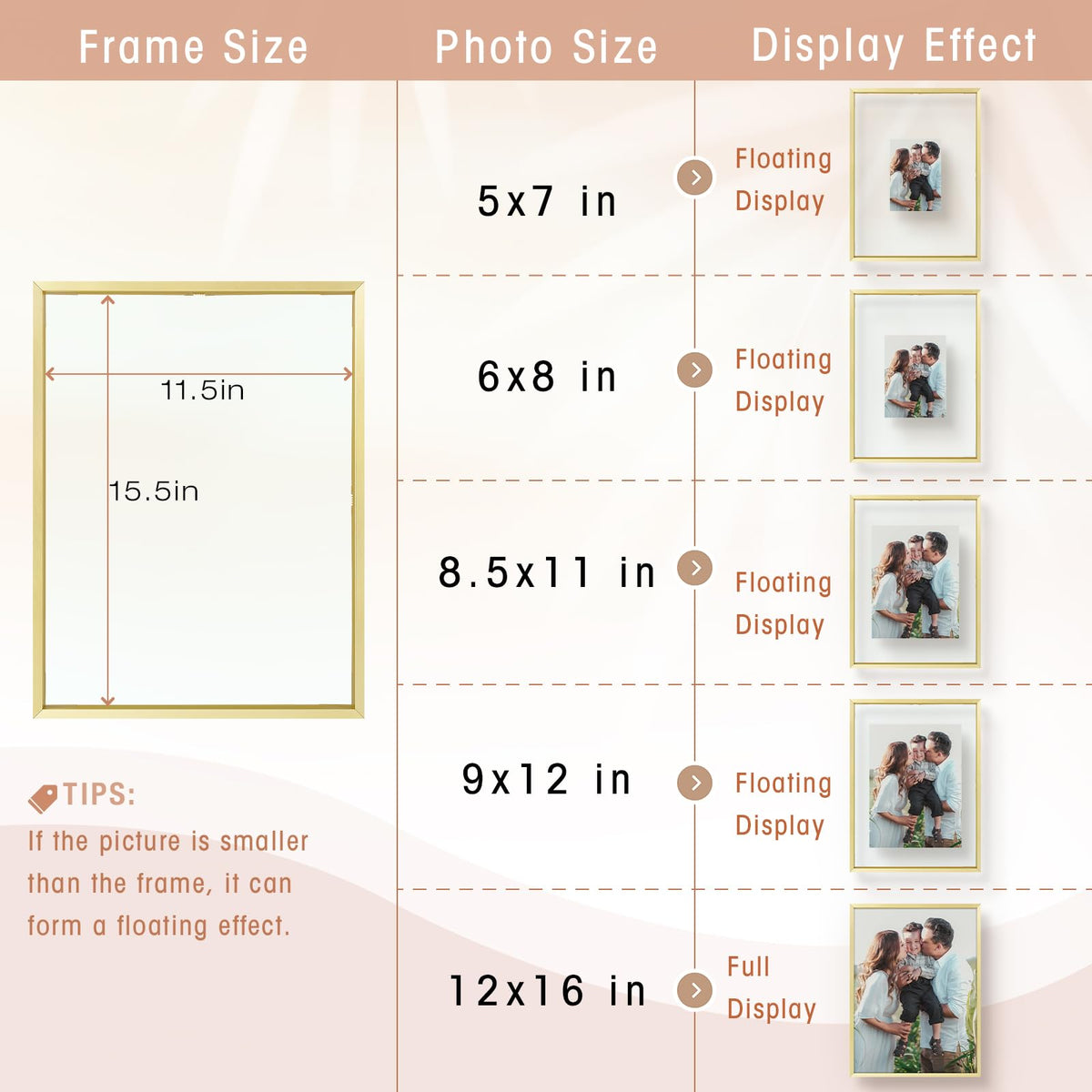 Golden State Art, 12x16 Floating Frame, Gold Aluminum Picture Frame, Clear Glass Display Any Size Photo up to 12 x 16, Home Gallery Wall Decoration, Display Horizontal and Vertical