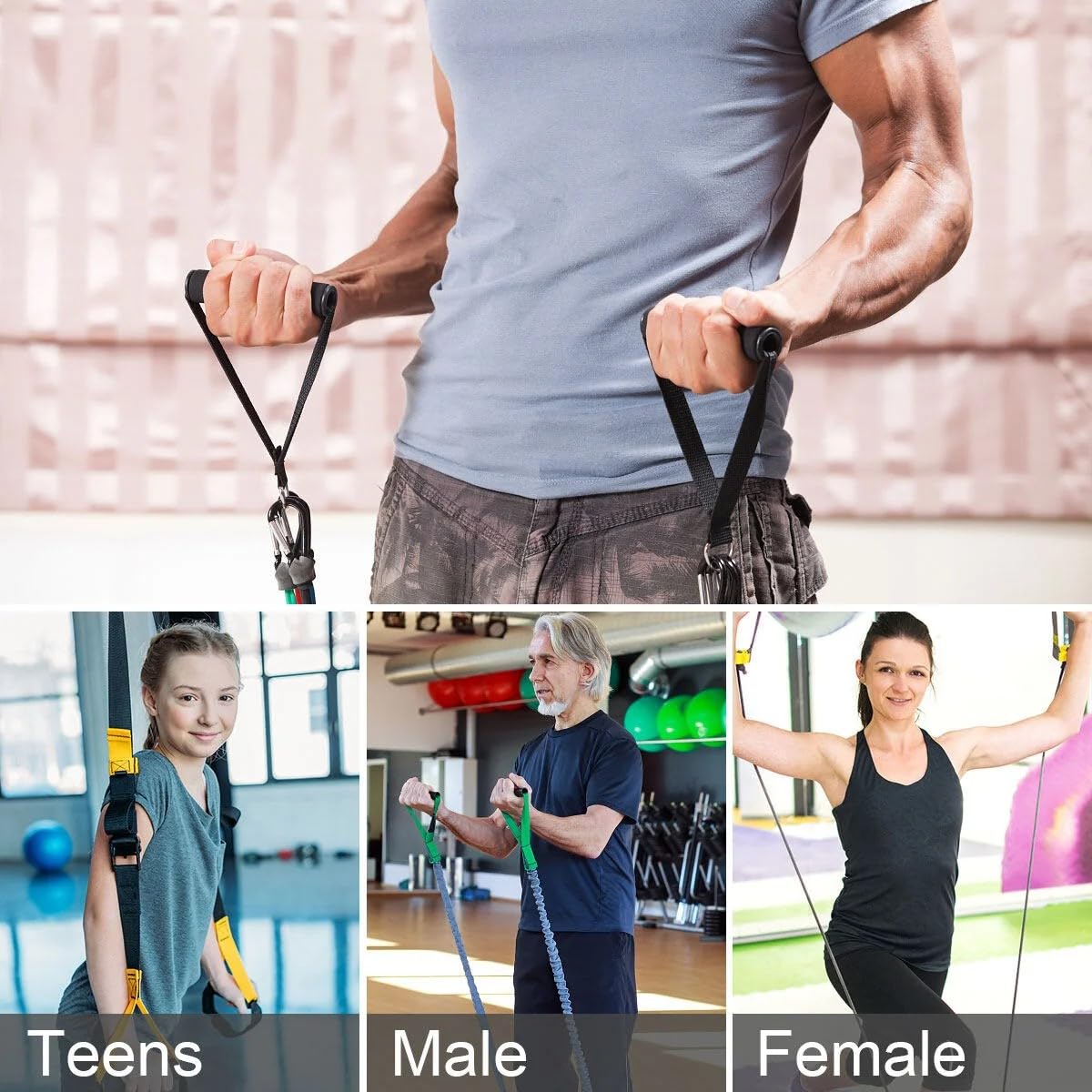 Exercise Handle Workout Handle Heavy Duty Grip Resistance Bands Handles Webbing Grip Puller Handle for Cable Machine Attachments Fitness Equipment with 2 Carabiners