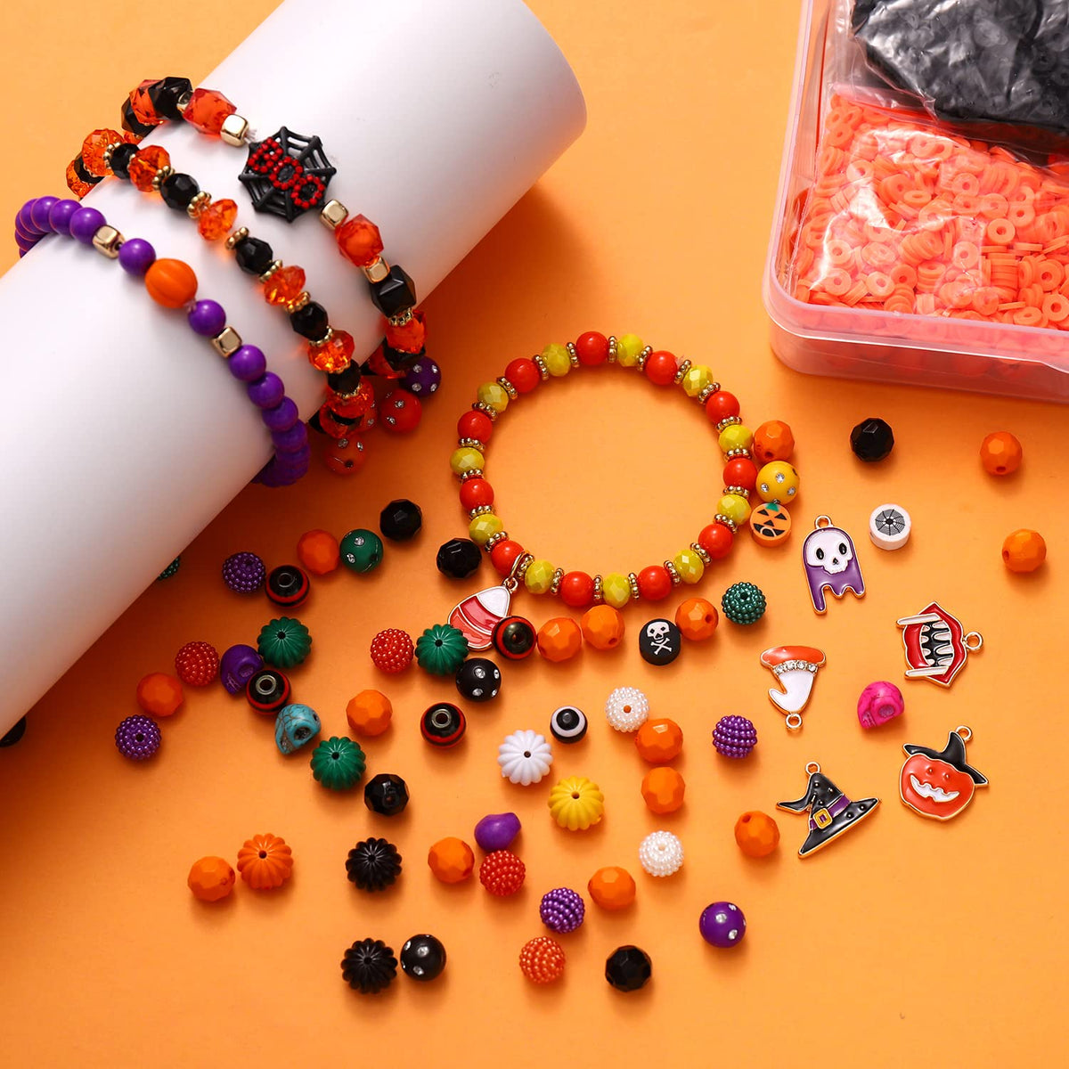 2200PCS+ Halloween Beads Charms for Jewelry Making Polymer Clay Beads Pumpkin Skull Evil Eye Beads Enamel Ghost Spider Charms for DIY Bracelet Necklace Earrings