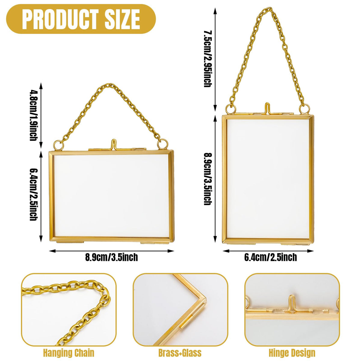 Kigley Double Glass Frame for Pressed Flowers Floating Hanging Photo Frame Gift for Graduation Mother's Day 3.5 x 2.5 in Brass Clear Decor with Chain for Display Gallery Artwork (Gold,12 Pcs)