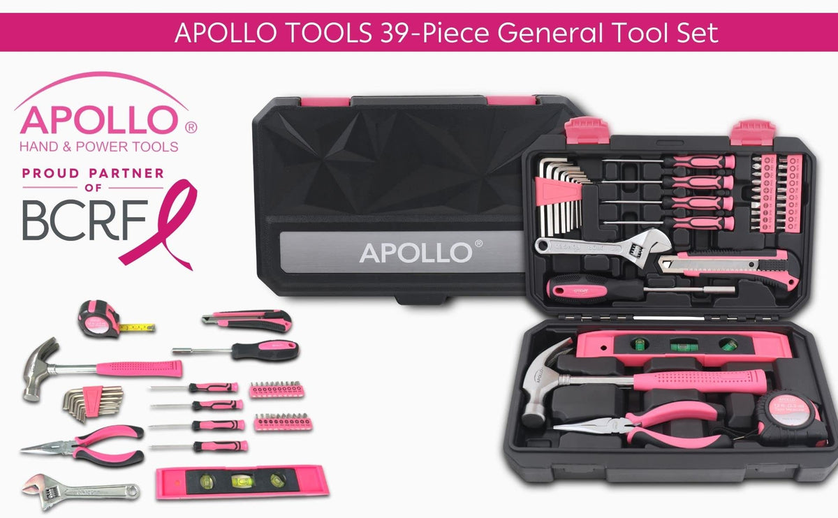 Apollo Tools 39 Piece General Household Tool Set in Toolbox Storage Case with Essential Hand Tools for Everyday Home Repairs, DIY and Crafts - Pink Ribbon - Pink - DT9711P