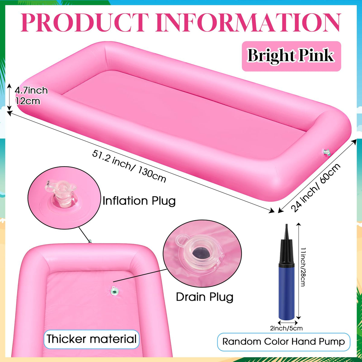 Leitee 3 Pcs Inflatable Serving Bar Kit Includes Salad Buffet Tray with Drain Plug Mesh Food Cover Food Drink Containers and Inflator for Ice Supplies Halloween Party Camping Picnic(Pink)