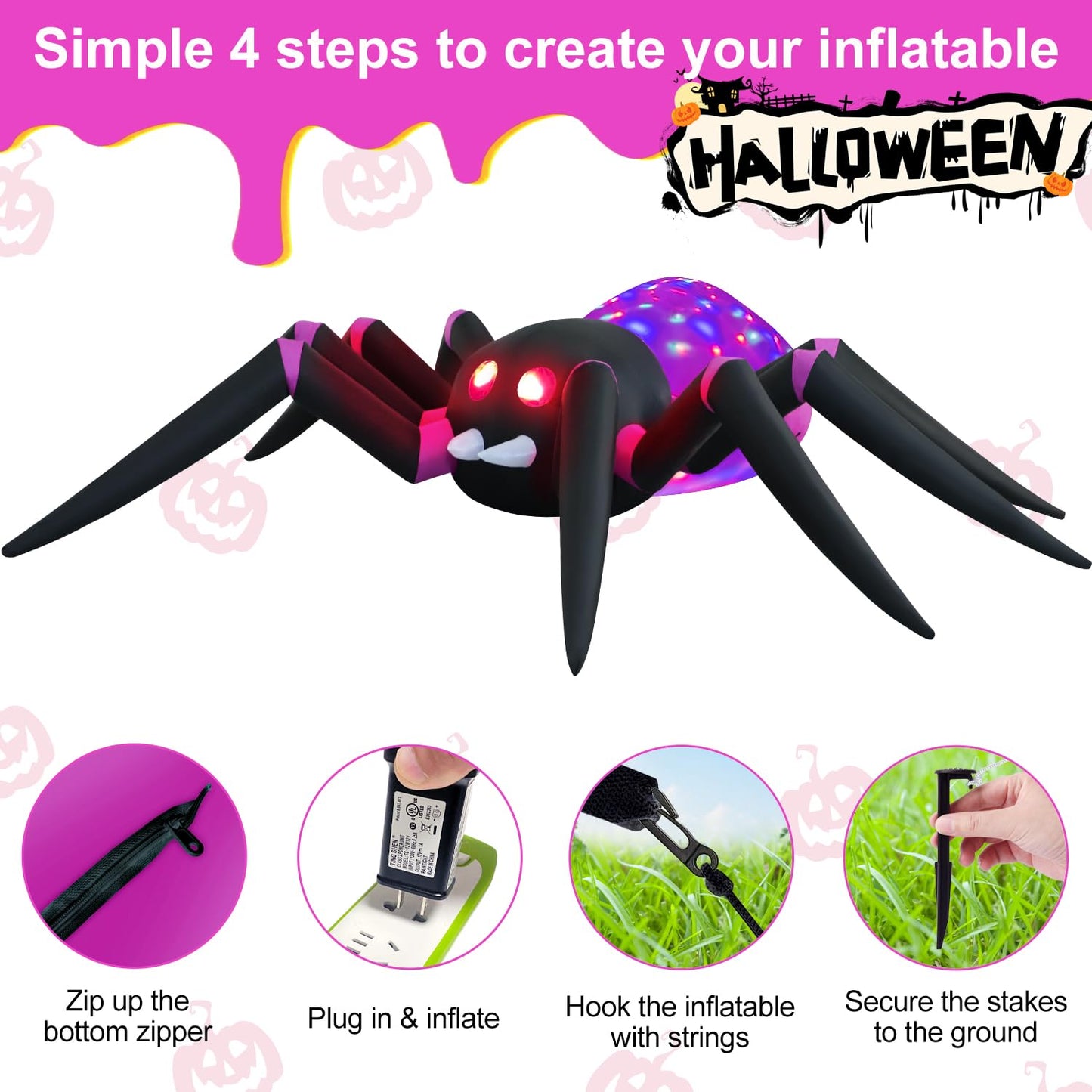 HZGDEJTG 12ft Purple Spider Halloween Inflatable Outdoor Decoration, Yard Decorations with LED Lights for Outdoor Lawn, Garden, Home Holiday Party