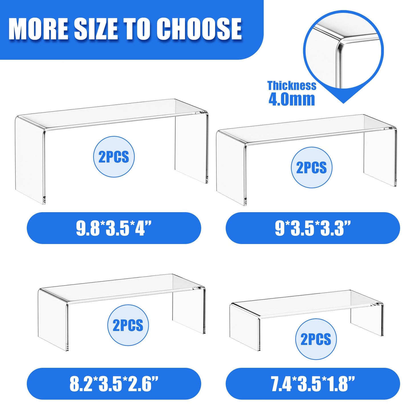 Albumgit Acrylic Display Risers, 8 Pieces Clear Rectangular Tabletop Display Stand for Amiibo Funko POP Figures, Collectibles Jewelry Food Cupcake Dessert Risers Shelf for Decoration and Organizer