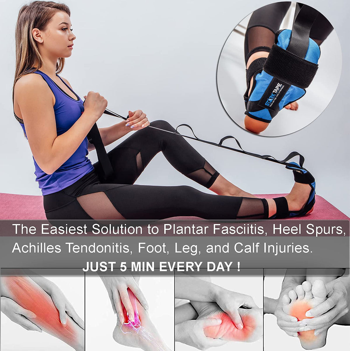 Starktape Foot and Leg Stretcher. Stretching Strap Loops for Plantar Fasciitis, Heel Spurs, Foot Drop, Hamstring, Quads. Improve Strength, Stretches, Achilles Tendonitis Stretch and Calf Pain Relief
