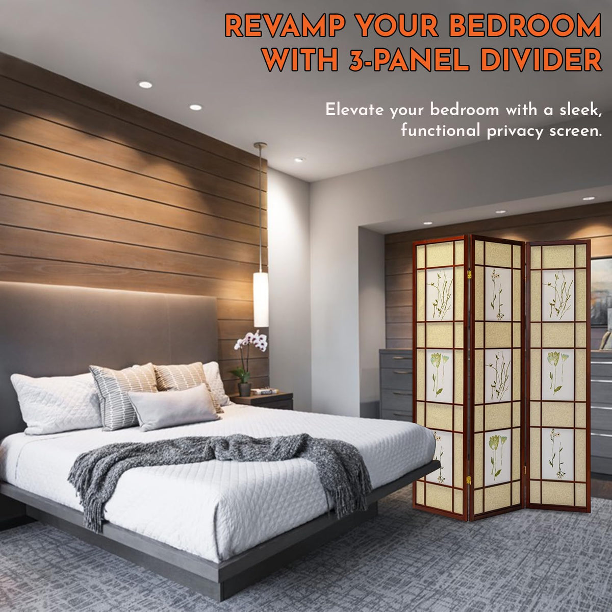 Legacy Decor Room Divider Screen - Freestanding Folding Privacy Screen, Pine Wood Indoor Room Partition, Botanical Floral Wall Divider for Bedroom, Office, Studio, 71 Inch Tall, Cherry - 4-Panel