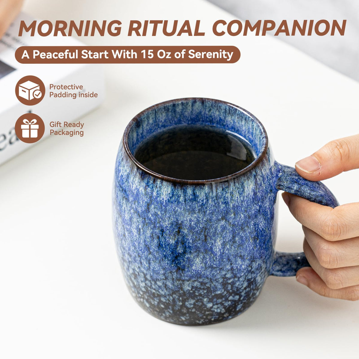 Sakura Blue Reactive Glaze Ceramic Coffee Mug - 14 oz Unique Mug with Ergonomic Handle, Large Ceramic Mug for Coffee, Tea, Milk - Great Birthday Gift for Women, Men, Friends, Home & Office Use