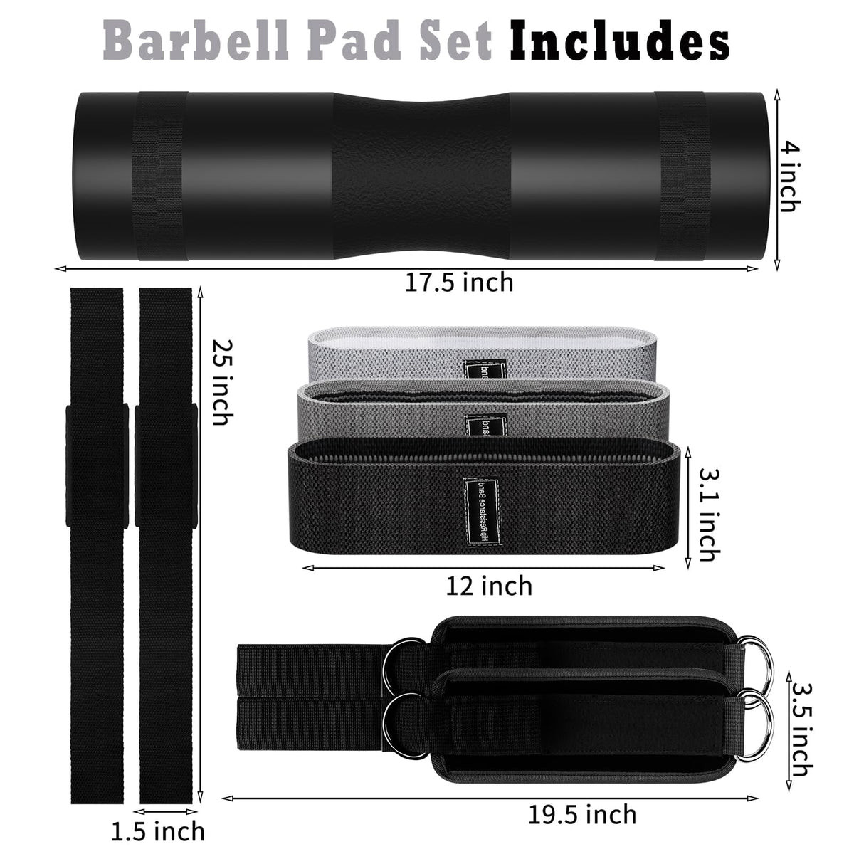 10 PCS Barbell Pad Set for Squat, Hip Thrusts Pad for Squats,Bench Press with Barbell Pad, 2 Gym Ankle Straps,3 Hip Resistance Bands,Lifting Strap,Workout Poster Gym Equipment Accessories（Black）