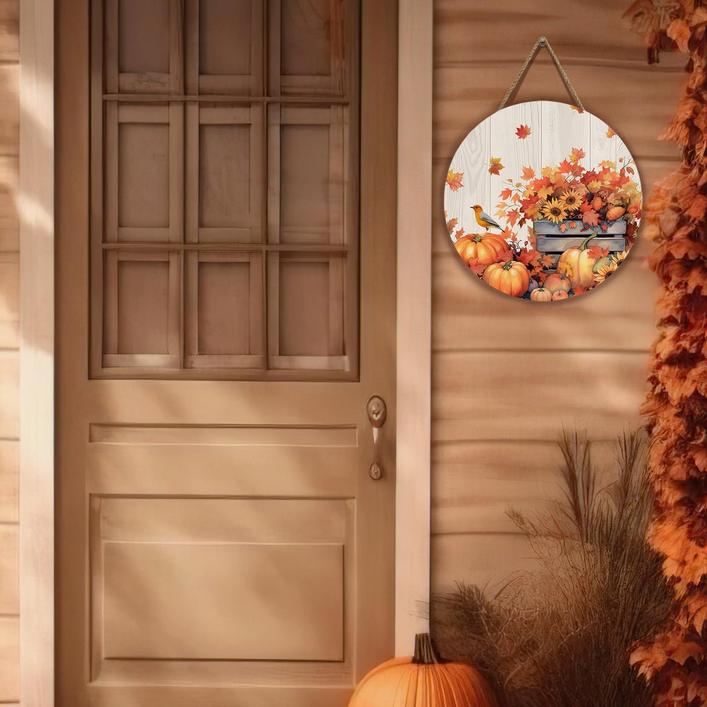 Dacawin Fall Door Sign Wooden Autumn Pumpkins Door Hanger Maple Leaf Sunflowers Bird Sign for Outdoor Porch Wall Fall Harvest Hanging Decorations