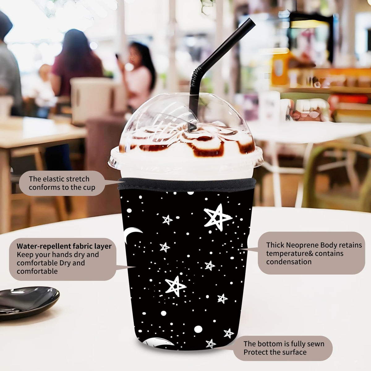 AUEKLLW 3 Pack Reusable Neoprene Insulator Sleeve for Iced Coffee Cups, Funny Coffee Cup Sleeves for 16-32oz Coffee cups, Cute Drink Sleeve for Cold Hot Beverages Cute Moon Star