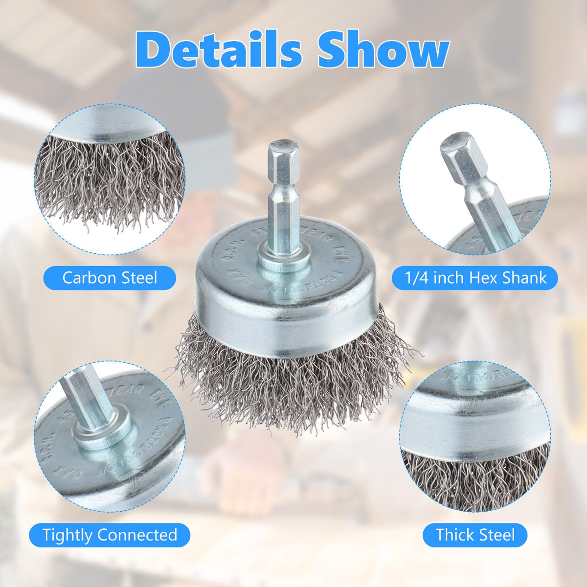 Rocaris 10-Pack Carbon Steel Wire Wheel, Cup, Pen Brush Set with 1/4-Inch Hex Shank for Rust Removal, Corrosion and Scrubbing Surfaces