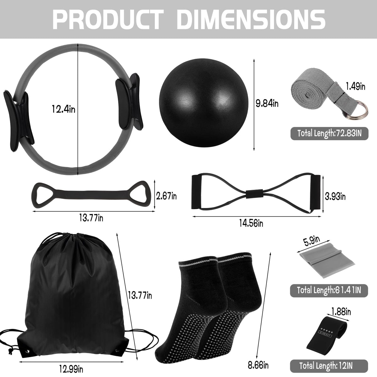 21 Pcs Pilates Ring Circle Set for Women, Includes Ball Yoga, Ring Stretching, Strap Bands, Non Slip Socks, Back Bags for Workout, Commonly Used for Yoga, Pilates, Stretching, Fitness(Black,Gray)