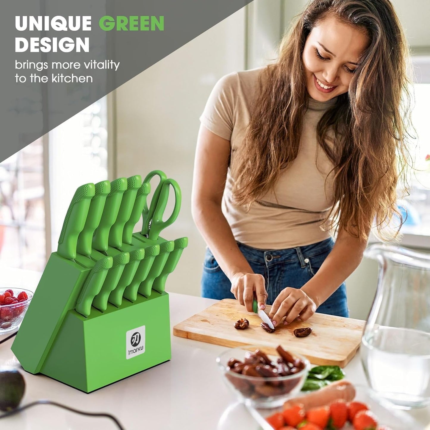 imarku® Knife Set with Block, Sharp Knife Sets with Built-in Sharpener, Japanese Stainless Steel Kitchen Knife Set with Non-Slip Ergonomic Handle, Dishwasher Safe, Best Holiday Gift, Teal Green