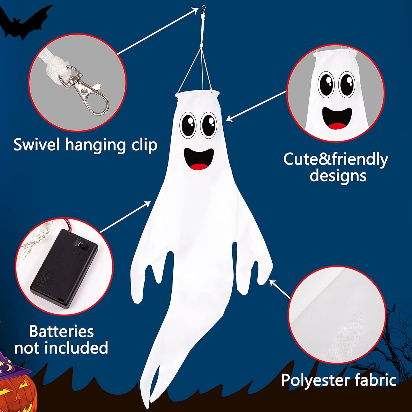 Geefuun 2PCS Warm Halloween CuteGhost Windsocks Hanging Decorations - 43 Inch Flag Wind Socks for Home Yard Outdoor Decor Party Supplies (Batteries Not Included,No Timer)