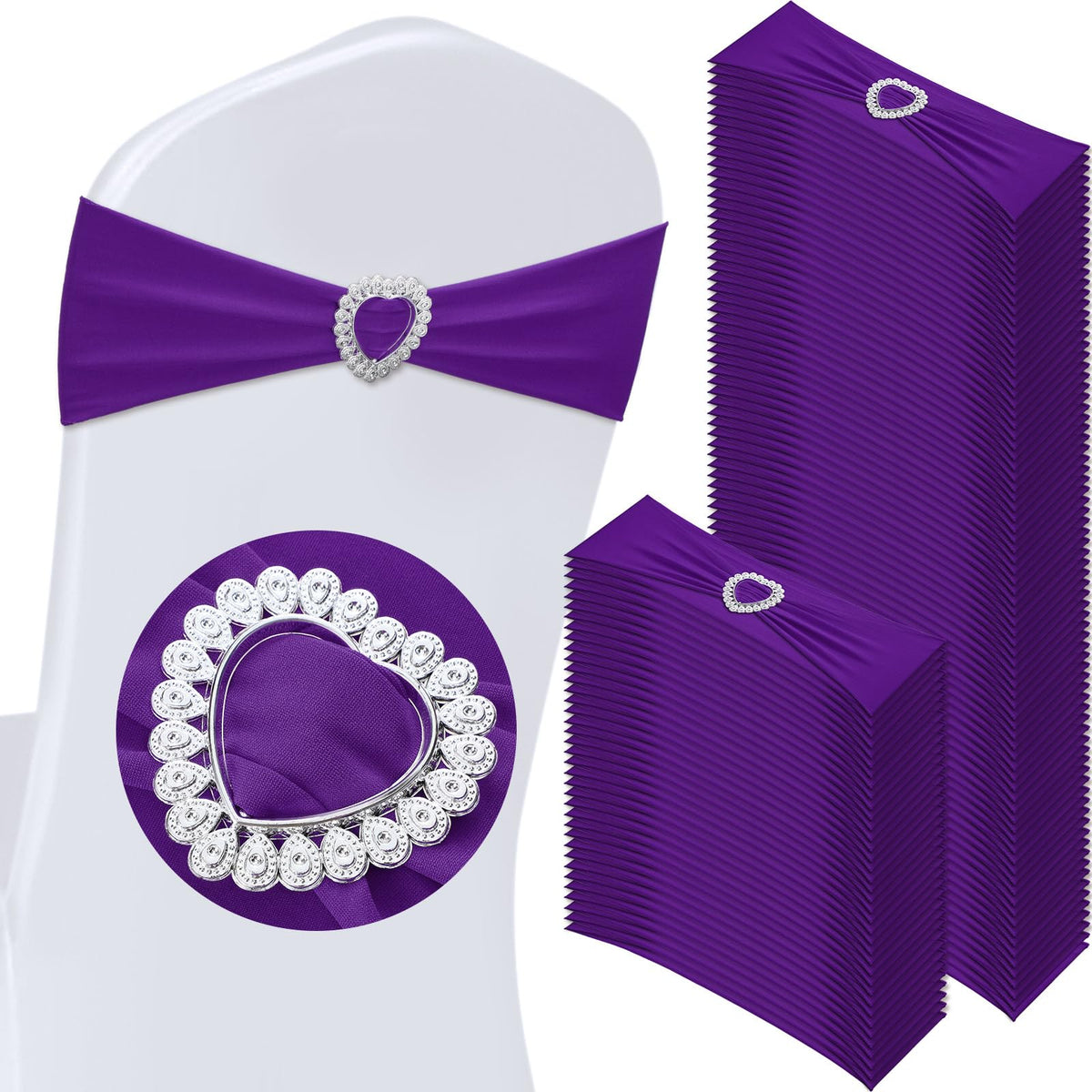 VitalCozy 100 Pcs Spandex Chair Sashes with Heart Shaped Buckle Slider Stretch Chair Cover Band Universal Elastic Ties for Wedding Banquet Event Party Decoration(Purple)