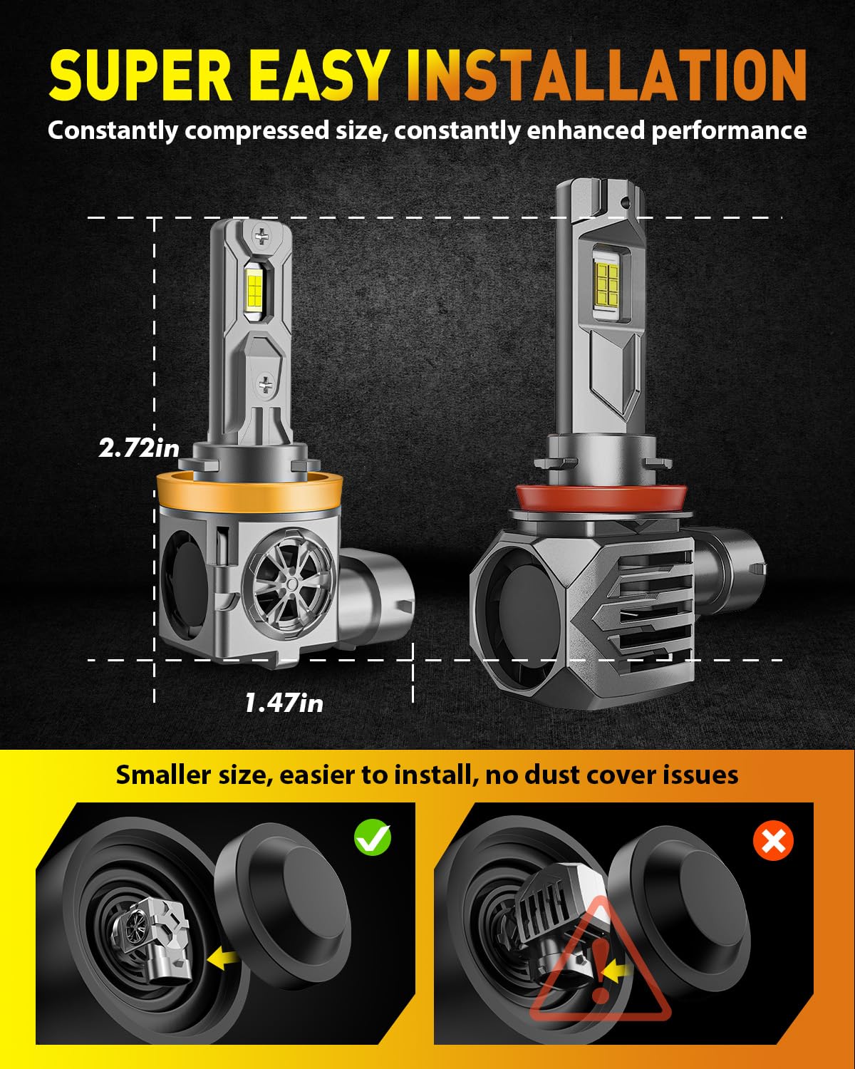 Termitor H11/H9 Bulbs, 40,000LM Ultra-Brightness, 6500K White Illumination, Mini Size, Alloy Steel, Pack of 2