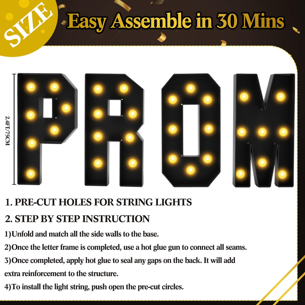 Colingmill 2.4 FT PROM Marquee Letters with 2 Lighting Modes for Class of 2026, PROM Light Up Letters Sign Graduation Decorations for High School College Grad Party Decor LED Backdrop(Black)