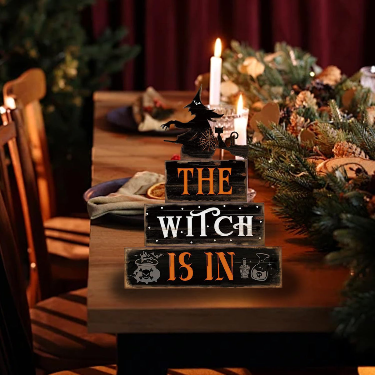 Halloween Decor Indoor - Rustic Wooden Witch Signs Home Decorations for Farmhouse Kitchen, Shelf, Living Room, Tabletop Decorations, Suitable for Fall Party Table Centerpiece