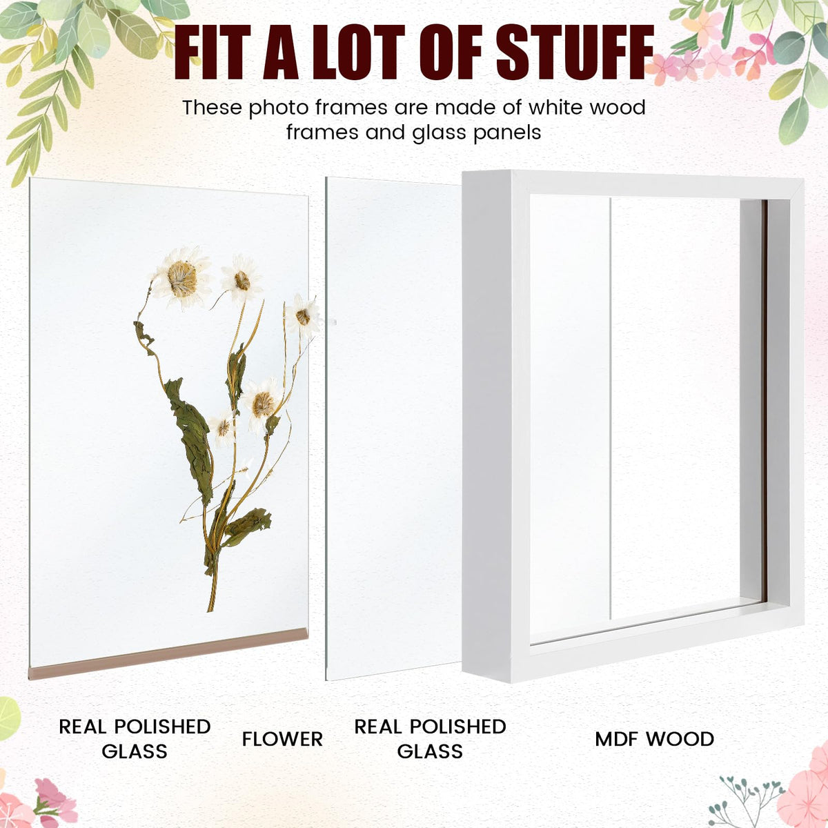 Fiwochic 4 Pack Pressed Flower Floating Picture Frames, 10, 8, 6, 5 Inch White Wooden Double Glass Pressed Flower Frames Wall Tabletop Display for Dried Flowers, Photos, Art, Birthday, Wedding Gift