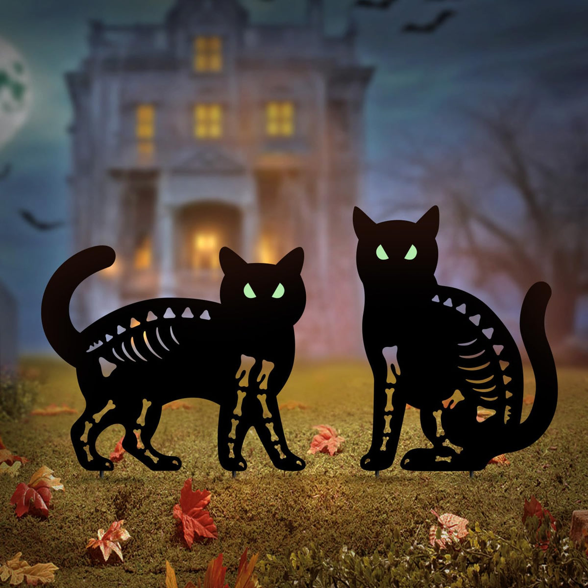 Hokfirm Halloween Black Cat Garden Stake Decor - 2 Pack Scary Cat Silhouette Metal Yard Signs with Glow-in-The-Dark Eyes for Outdoor Halloween Decorations