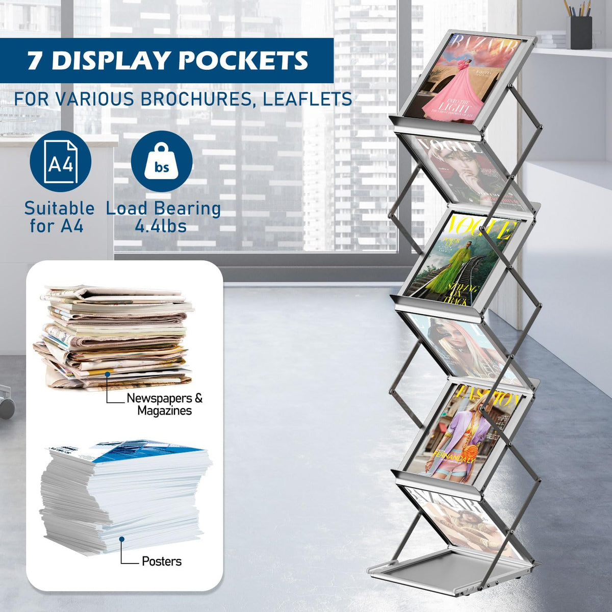 AceShow 6 Pockets Foldable Literature Rack - Aluminum Magazine Rack, Brochure Catalog Display Stand with Carrying Bag for Exhibition, Trade Show, Office, Retail Store, Home - Silver