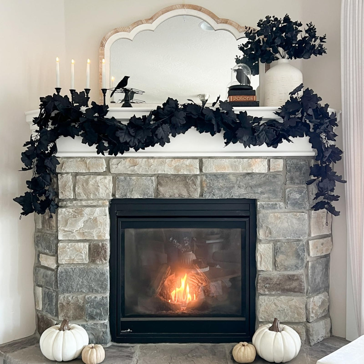 CQURE 8 Pack Black Fall Leaf Garland,Total 35.4Ft Halloween Garland Hanging Vines Artificial Fall Maple Leaves Thanksgiving Decor for Home Wedding Fireplace Christmas