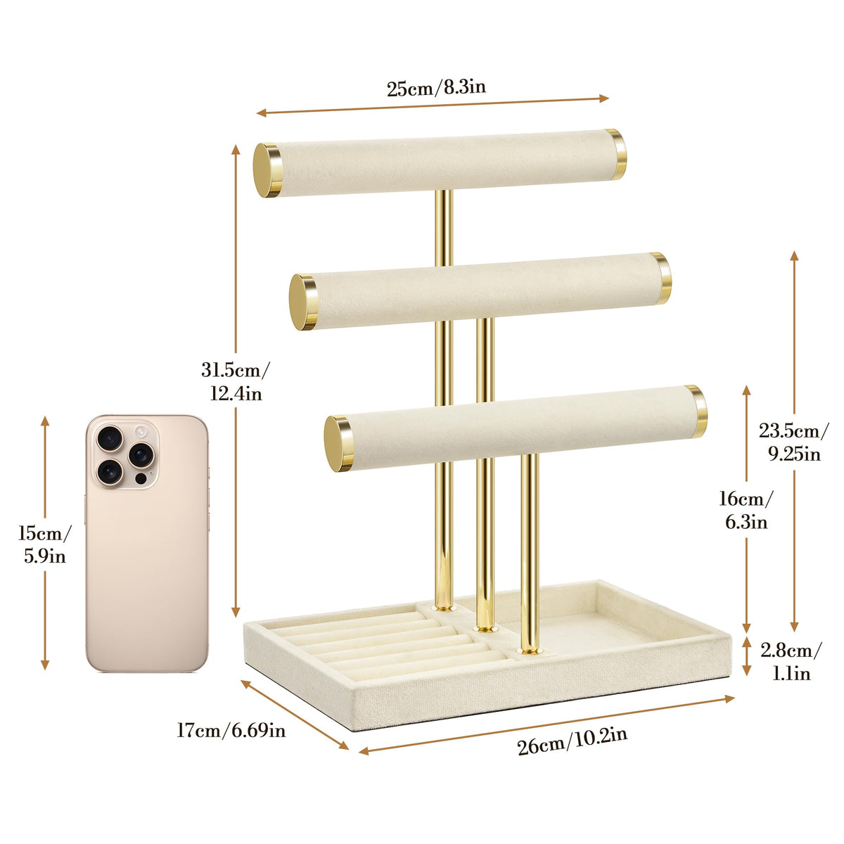 3 Tier Bracelet Holder Display - Detachable T Bar Beige Velvet Bracelet Holder, Jewelry Holder Organizer for Bracelet, Necklace, Earrings, Rings