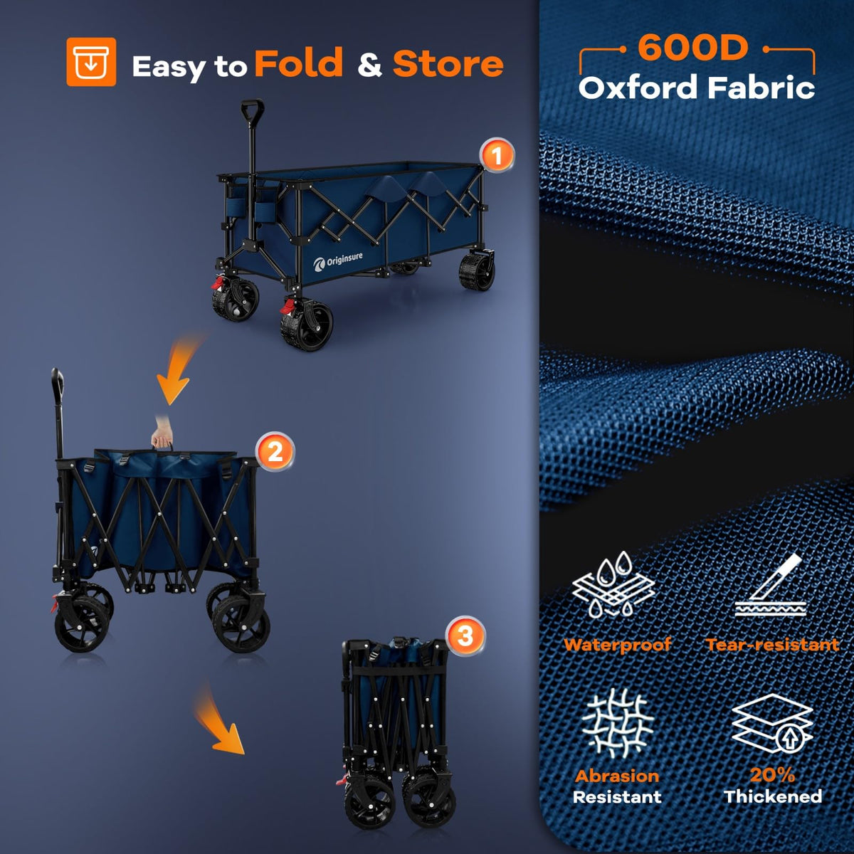 Originsure 48" L Collapsible Wagon Cart Foldable, 560lbs Weight Capacity 300L Heavy Duty Folding Beach Wagons with Big All-Terrain Wheels, Utility Carts for Groceries, Camping, Sports - Blue