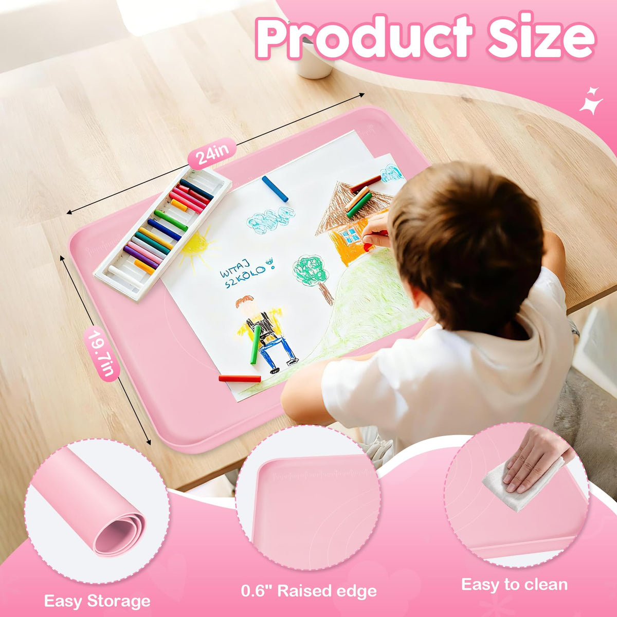 Large Silicone Mat for Crafts, 24"X19.7" Art Mat with Raised Edges for Clay, Resin, Slime, Jewelry-Making Table Protection Heat-Resistant Paint Mats, pink