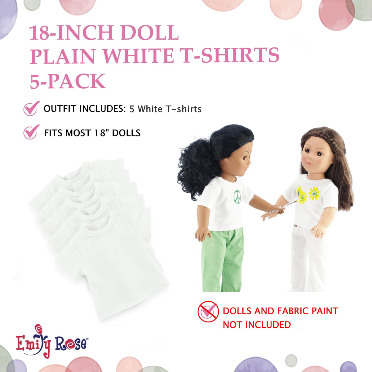 Emily Rose 5-Pack White 18 Inch Doll T-Shirts - 80/20 Cotton/Poly | Doll Clothes Wardrobe Basics – Fits American Girl & Our Generation Dolls – for DIY Crafts, Tie Dye Sublimation & More