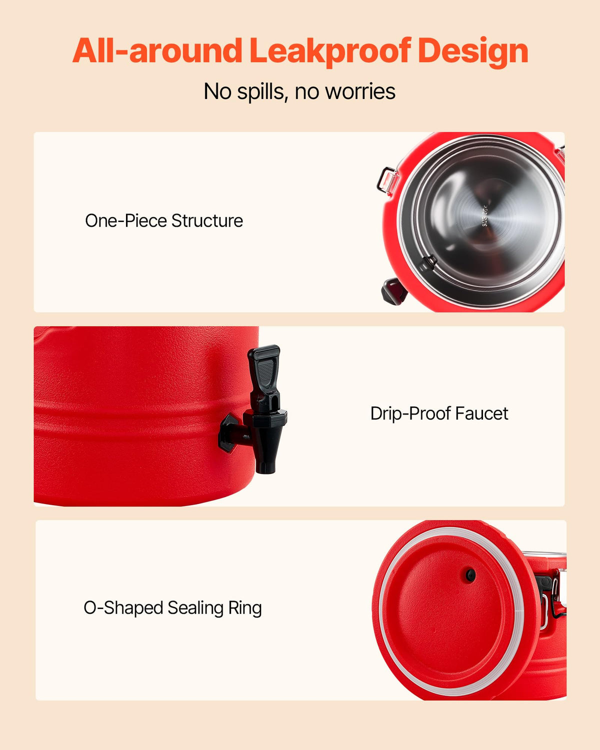 VEVOR Insulated Beverage Dispenser, 3 Gal/11.4L Thermal Hot and Cold Drink Server Dispenser with Spigot, Food-Grade Cooler Jug with 304 Stainless Steel Interior, for Tea Coffee Restaurant Outdoor