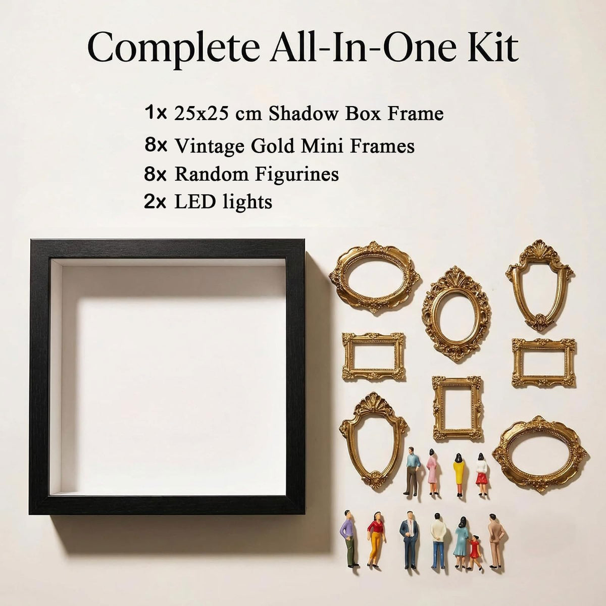 Mini Museum Silhouette Shadow Box Frame, DIY Memory Display Photo Craft Kit with LED String Lights, Mini Gold Frames & Figurines, Keepsake Box for Wedding Anniversary Family Milestone Gift (Black)
