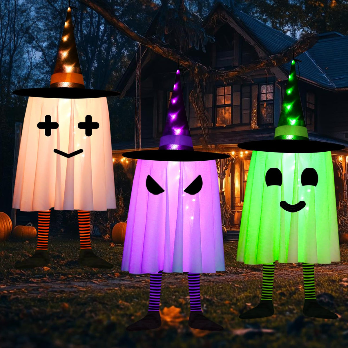 3 Pack Halloween Hanging Ghosts Halloween Decorations Outdoor, Lighted Glowing Ghosts Witch Hat with Orange Purple Green Lights, Light up Ghost for Home Yard Patio Tree