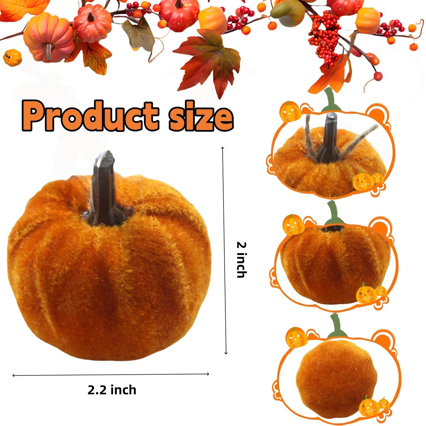 Fall Tree Ornaments Hanging Pumpkins, 12Pcs Velvet Pumpkins Thanksgiving Tree Decorations and Ornaments, 1.7" Mini Fabric Pumpkin Fall Decor for Thanksgiving Halloween Christmas (12 Pcs)