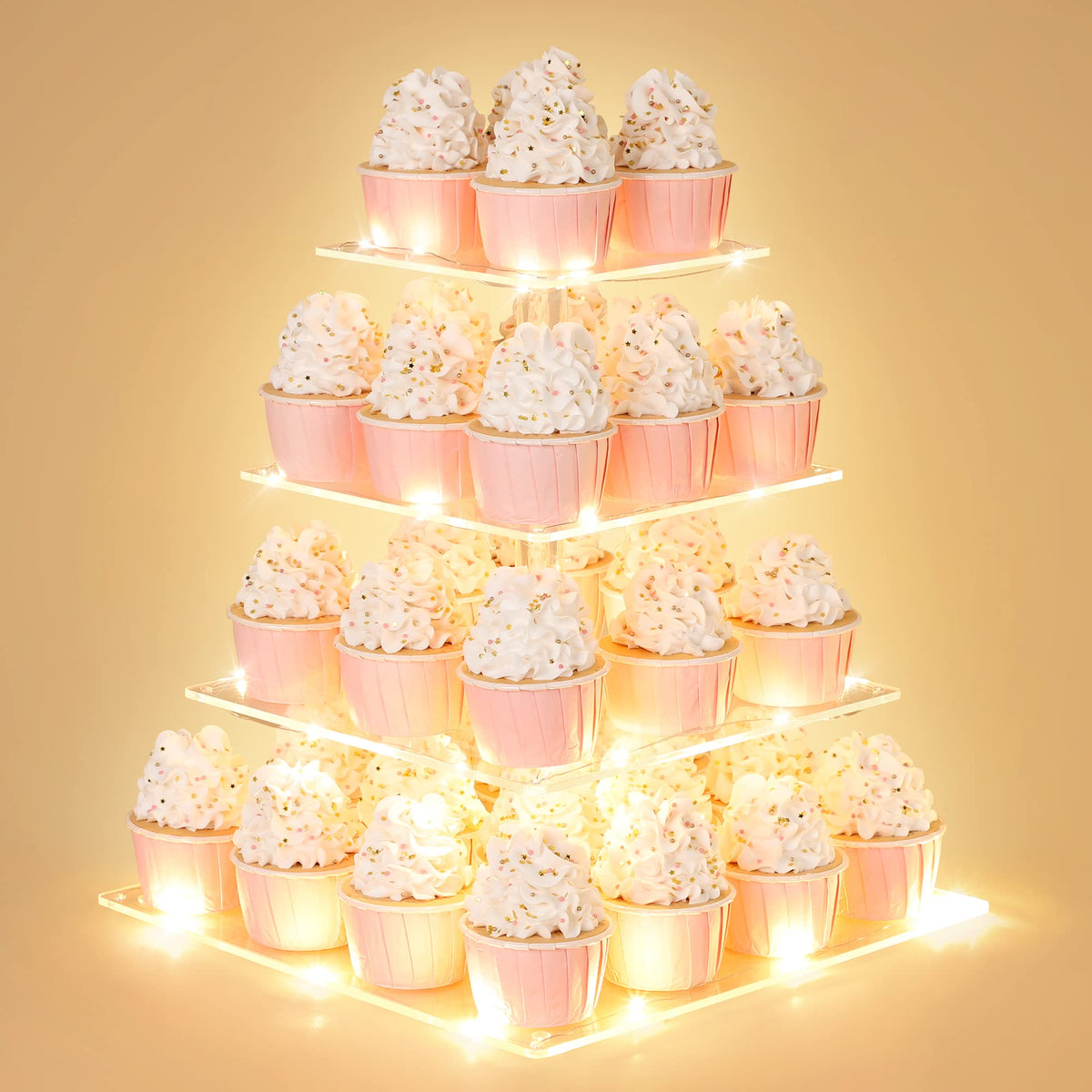 Suneerplay 4 Tier Cupcake Stand with LED String Light, Acrylic Cupcake Display Stand, Square Cupcake Tower Holder, Cup Cake Stand for Birthday, Wedding, Baby Shower, Party
