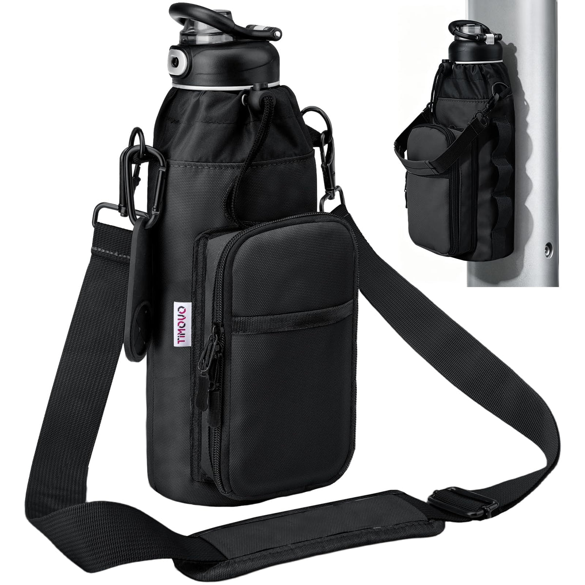 TiMOVO Magnetic Gym Bag, Water Bottle Holder with Strap & Phone Pockets, Built-in 5 Neodymium Magnets, Fits 18–40 oz Bottles, Gym Accessories for Sports, Travel, Workout, Black