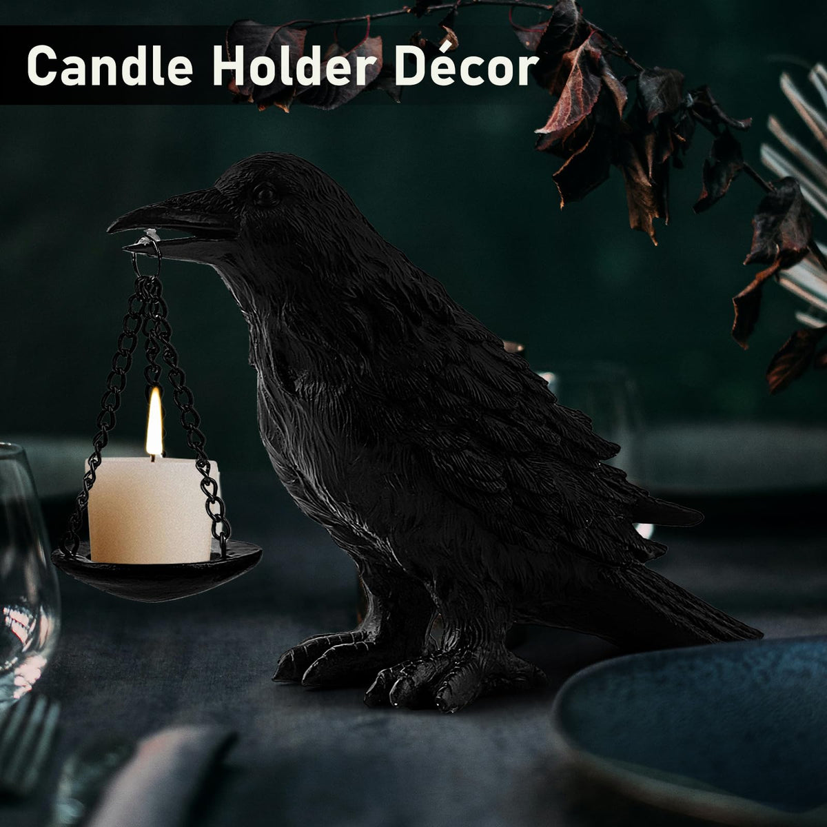 Gothic Crow Lamp with Tealight Candle Holder Resin Raven Decor Statue Gothic Home Decor for Bedroom Unique Goth Gifts Black