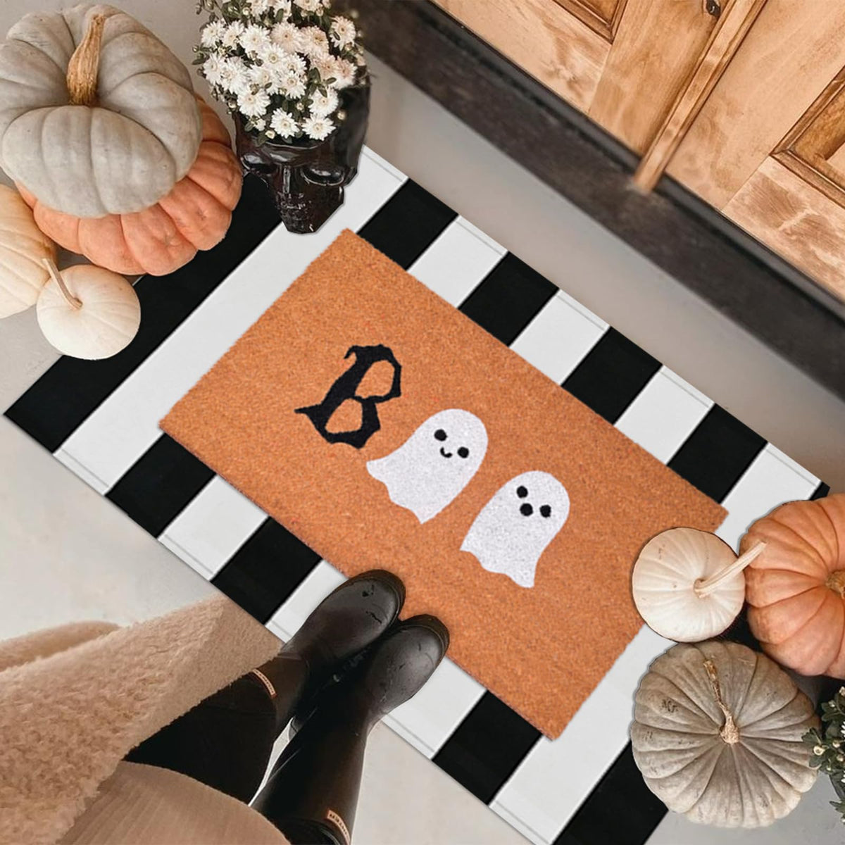 Halloween Door Mat Combo Set, Boo Ghost Coco Coir Welcome Doormat + 28" x 43" Black and White Plaid Rug, Autumn Halloween Front Porch Entryway Decor Floor Mat
