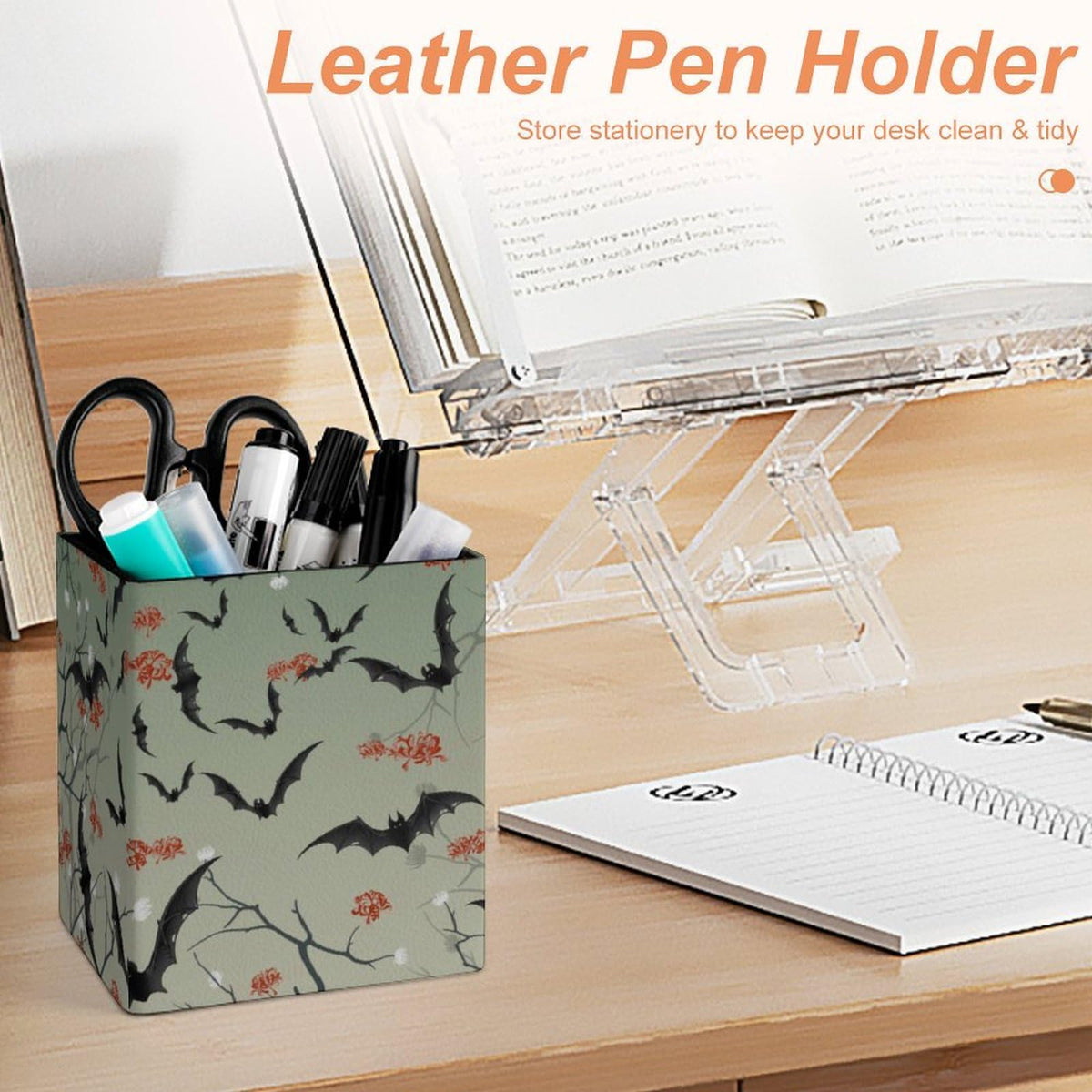 DerlonKaje Bats Square Leather Pen Holder, Minimalist Desk Organizer for Office Home School, Pencil & Stationery Storage Box, Gift for Students Teachers Colleagues