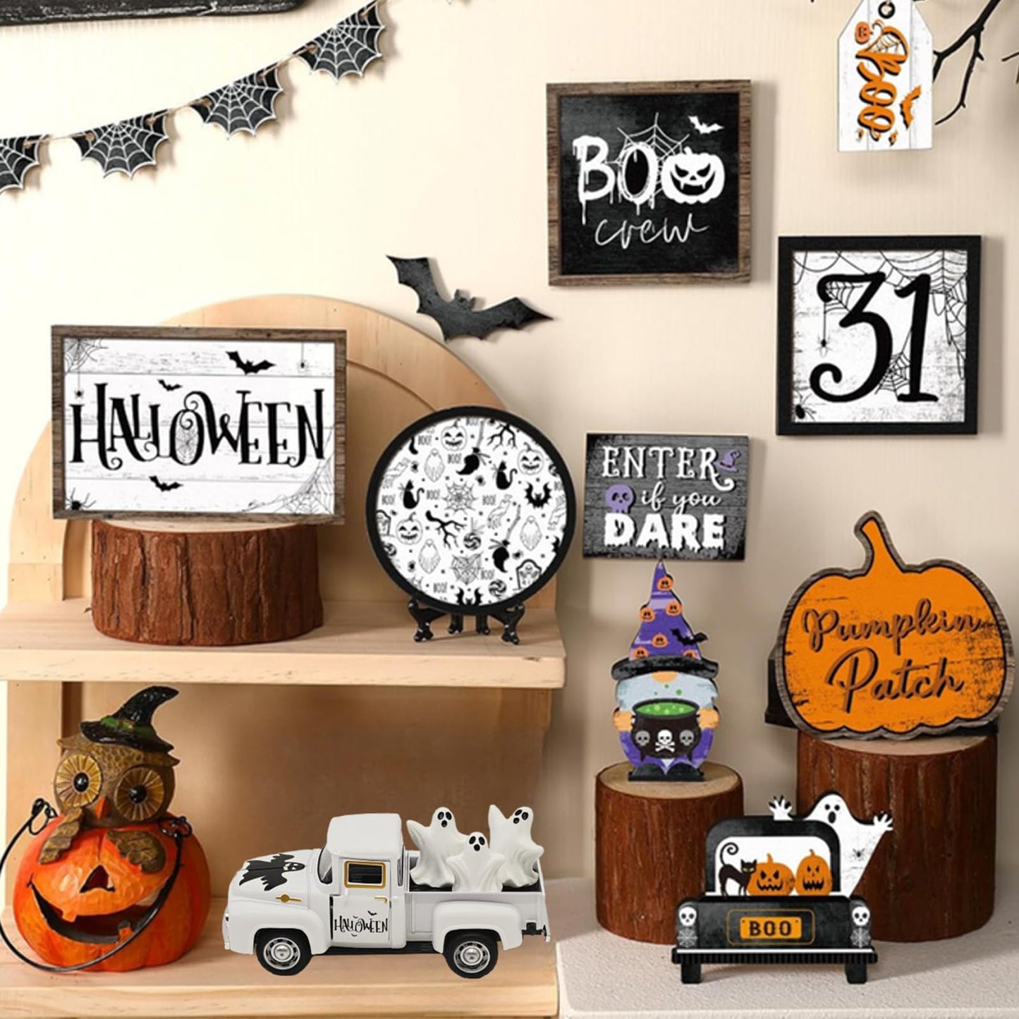 YimiBloss Halloween Decorations - Mini Cute Farmhouse Style Halloween Metal Truck Decor with 3 Removable Mini Ghost Ornaments for Tabletop, Tiered Tray, Shelf, Fireplace and Home Indoor Décor