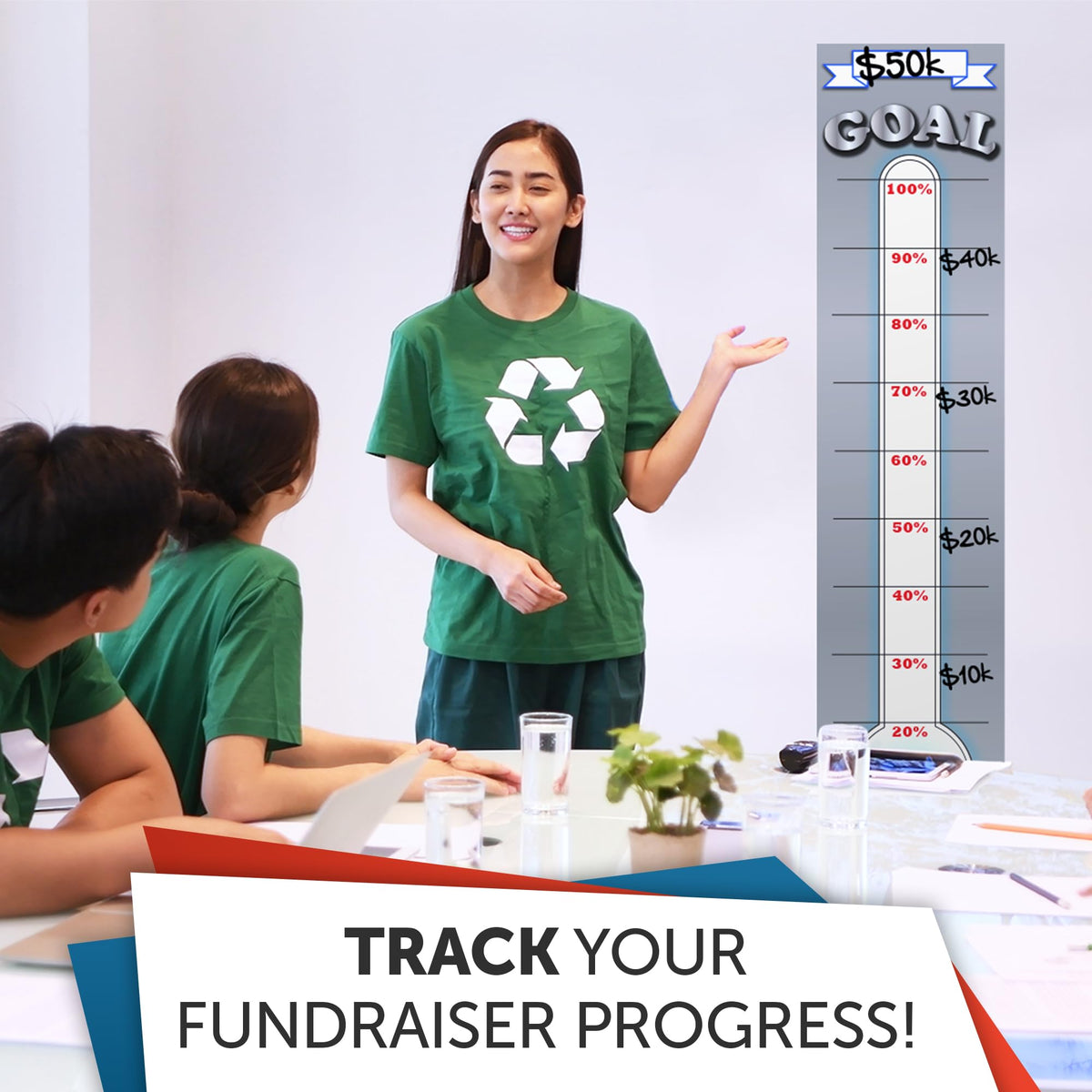 Fundraising Goal Thermometer Chart - 11" x 48", Reusable, Dry Erase Goal Tracker - Great for Schools, Churches, Offices & Charities