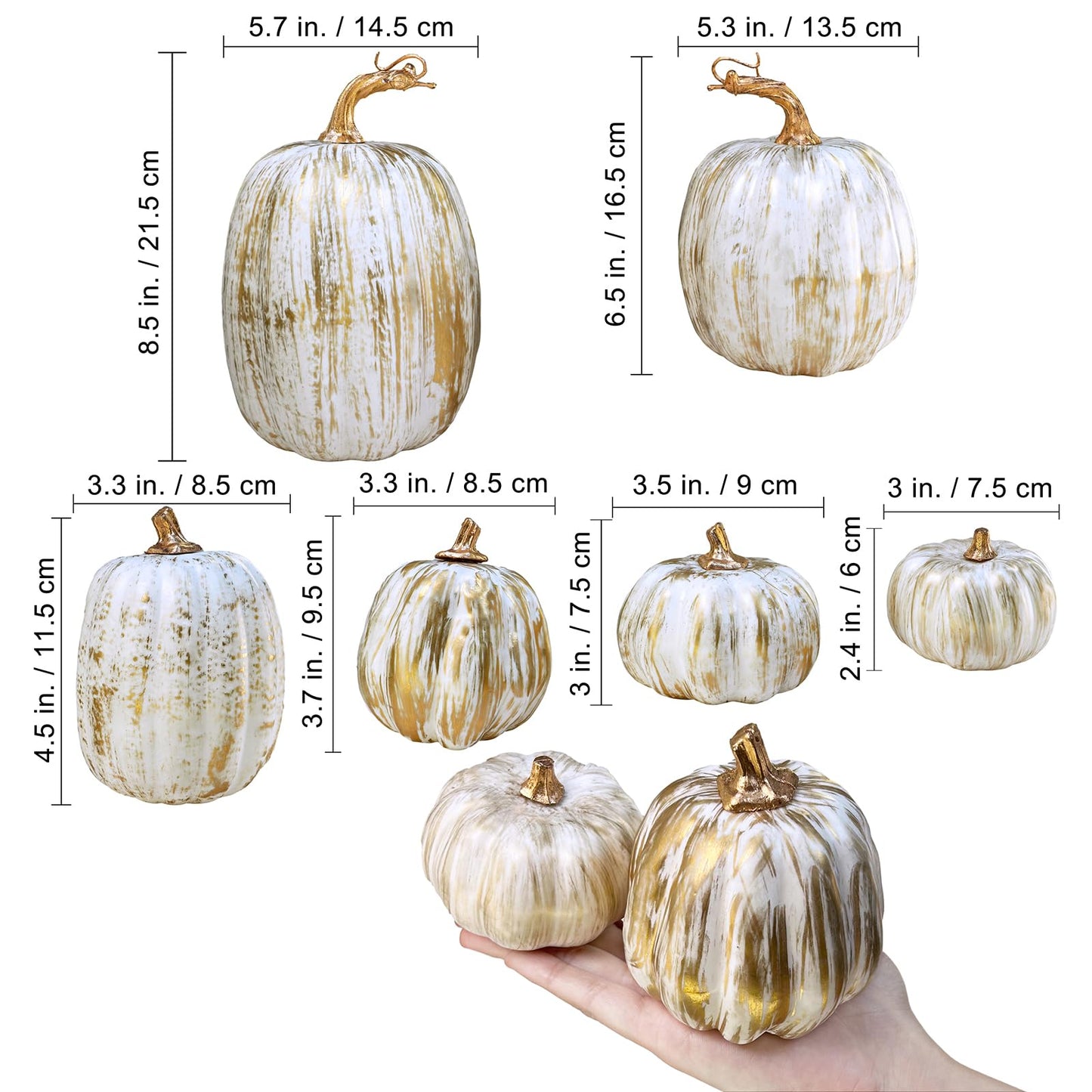Winlyn 10 Pcs Assorted Fall Artificial Pumpkins - Gold & White Decorative Foam Pumpkins for Wedding, Thanksgiving, Halloween, Baby Shower, Tabletop, Centerpiece, Mantel Decor