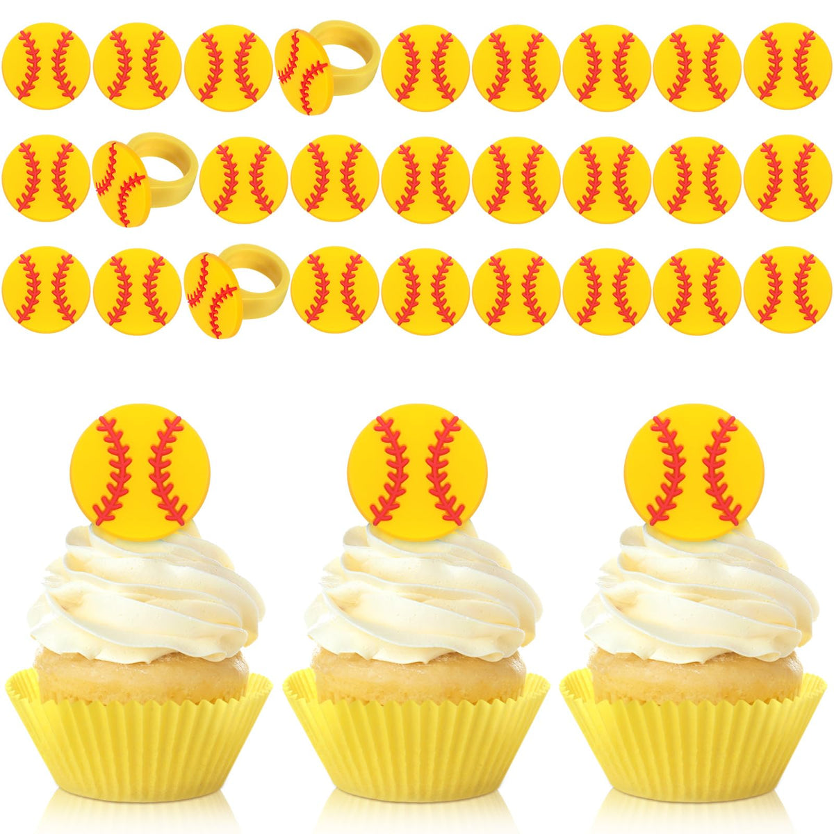Honeydak 48 Pcs Softball Cupcake Rings Toppers Decoration Sport Ball Theme Cake Picks Softball Senior Night Party Decoration Sport Cupcake Toppers Rings for Birthday Party Supplies